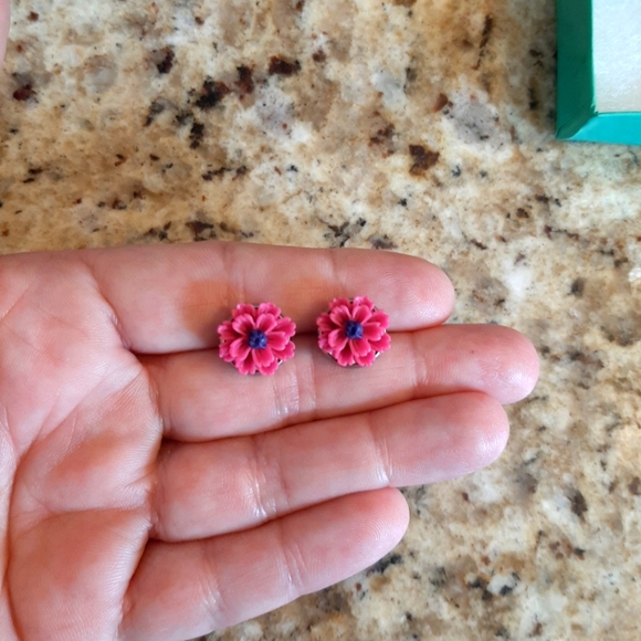 Dark Pink Flower Earrings - Picture 2 of 2